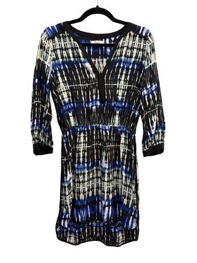 Parker 100% Silk Blue Black Abstract 3/4 Sleeve Faux Wrap Dress Women's S
